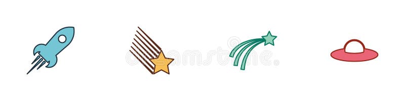 Set Rocket ship with fire, Falling star, and UFO flying spaceship icon. Vector royalty free illustration