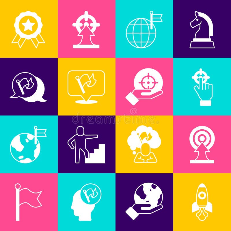 Set Rocket ship, Target with arrow, Planet flag, Flag, Medal and icon. Vector stock illustration