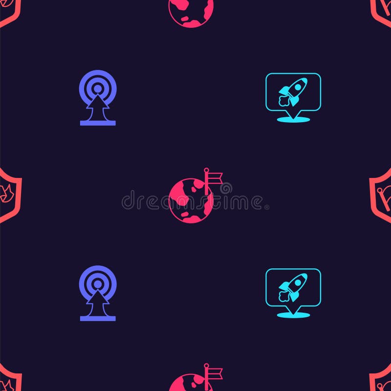 Set Rocket ship, Target with arrow, Planet flag and Shield on seamless pattern. Vector vector illustration