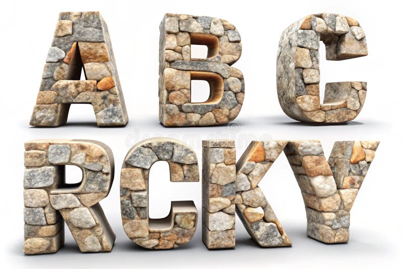 Set of rocky letters A, B, C, D. Font of stone on white background. 3D rendering. A 3D rendering of letters A, B, C, D made from rocks, set on a white background