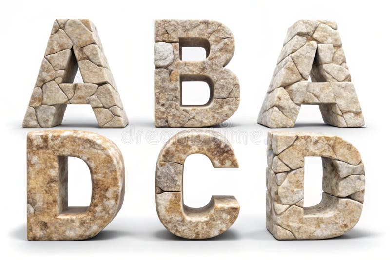 Set of rocky letters A, B, C, D. Font of stone on white background. 3D rendering royalty free illustration