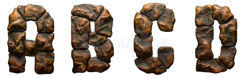 Set of rocky letters A, B, C, D. Font of stone on white background. 3d vector illustration