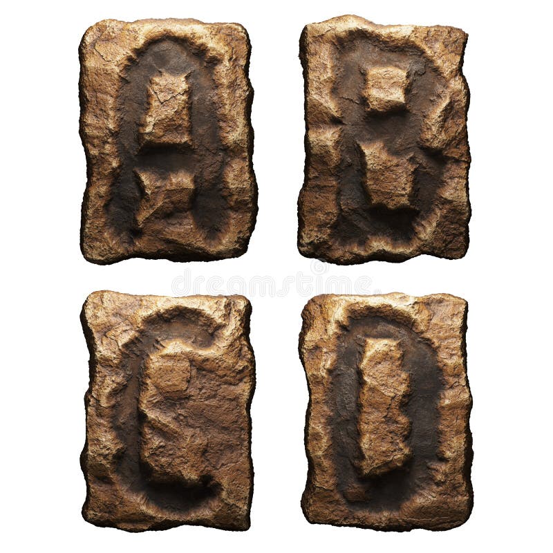 Set of rocky letters A, B, C, D. Font of stone on white background. 3d royalty free illustration