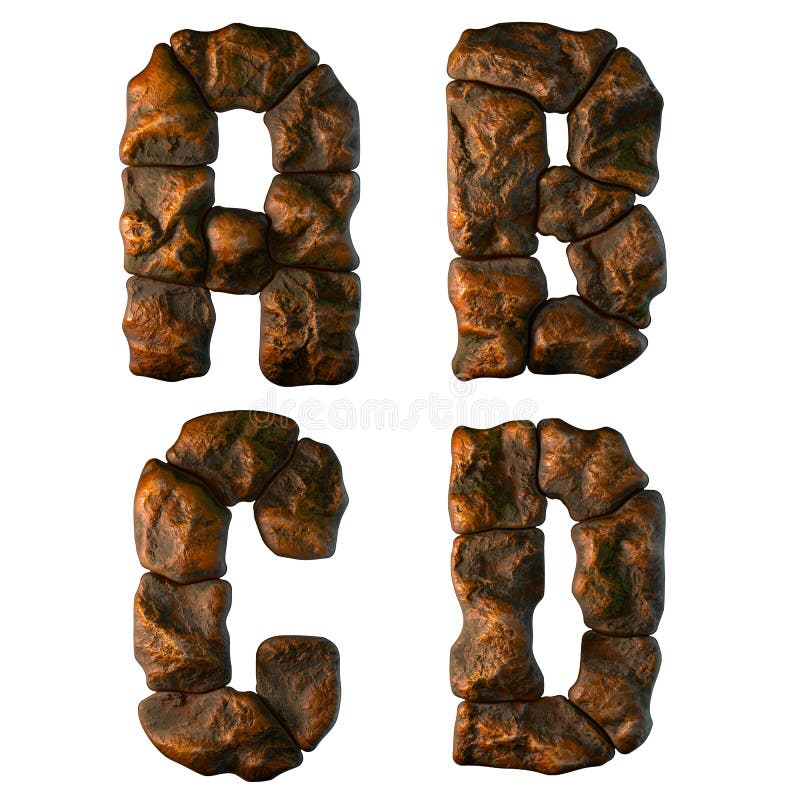 Set of rocky letters A, B, C, D. Font of stone on white background. 3d royalty free illustration