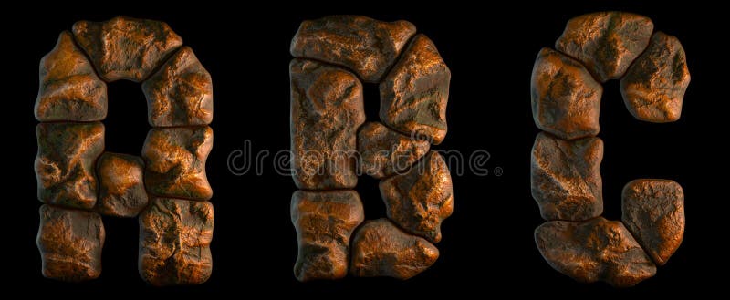 Set of rocky letters A, B, C. Font of stone on black background. 3d vector illustration