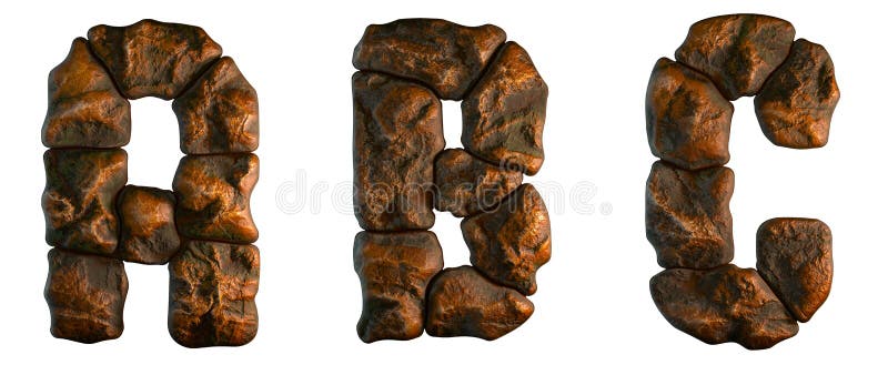 Set of rocky letters A, B, C. Font of stone on white background. 3d stock illustration