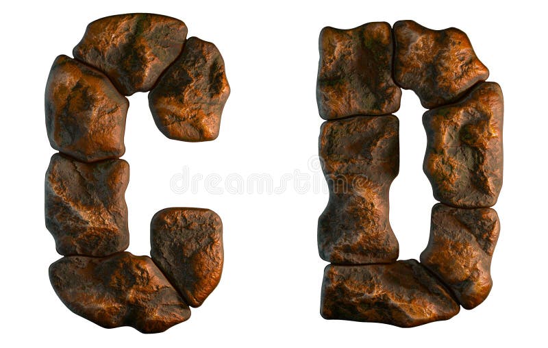 Set of rocky letters C, D. Font of stone on white background. 3d vector illustration