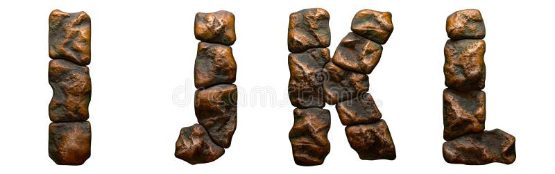 Set of rocky letters I, J, K, L. Font of stone on white background. 3d royalty free illustration