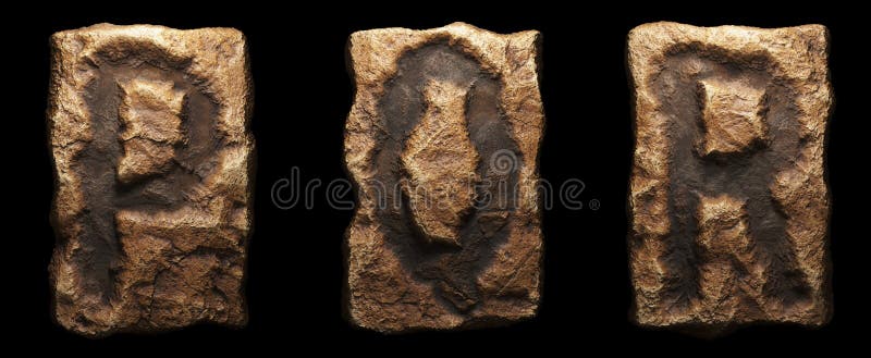 Set of rocky letters P, Q, R. Font of stone on black background. 3d royalty free illustration