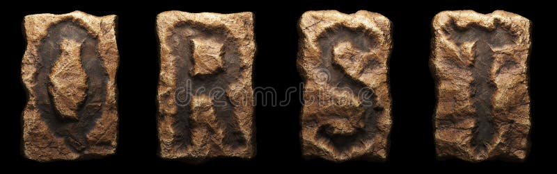 Set of rocky letters Q, R, S, T. Font of stone on black background. 3d royalty free illustration