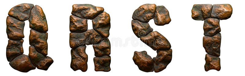 Set of rocky letters Q, R, S, T. Font of stone on white background. 3d vector illustration