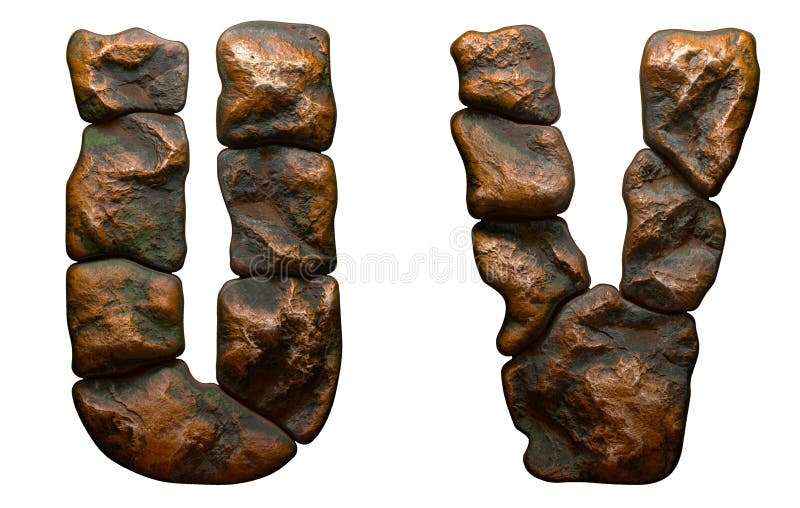 Set of rocky letters U, V. Font of stone on white background. 3d royalty free illustration