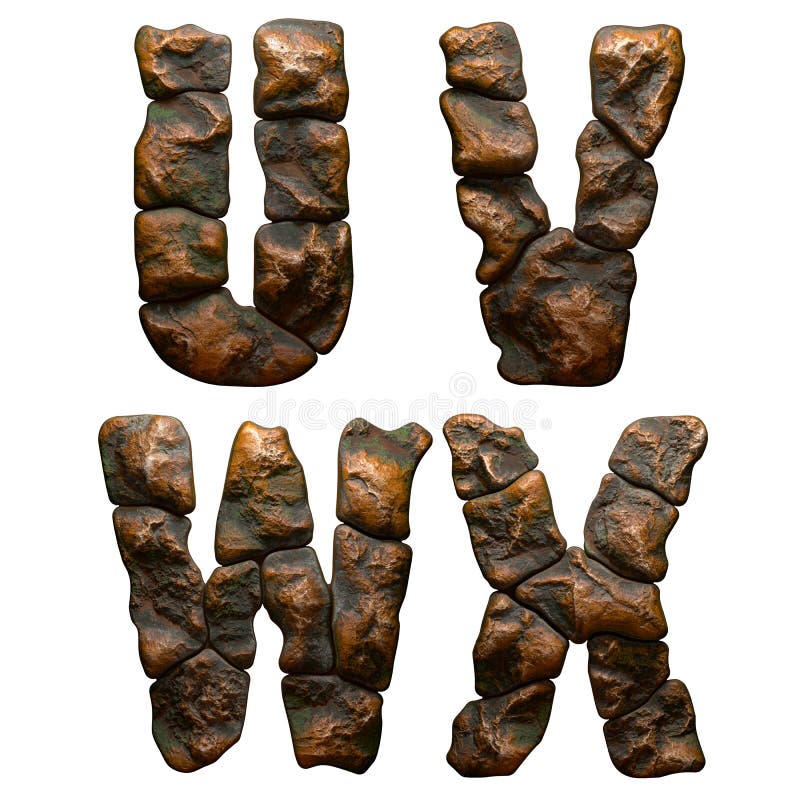 Set of rocky letters U, V, W, X. Font of stone on white background. 3d royalty free illustration
