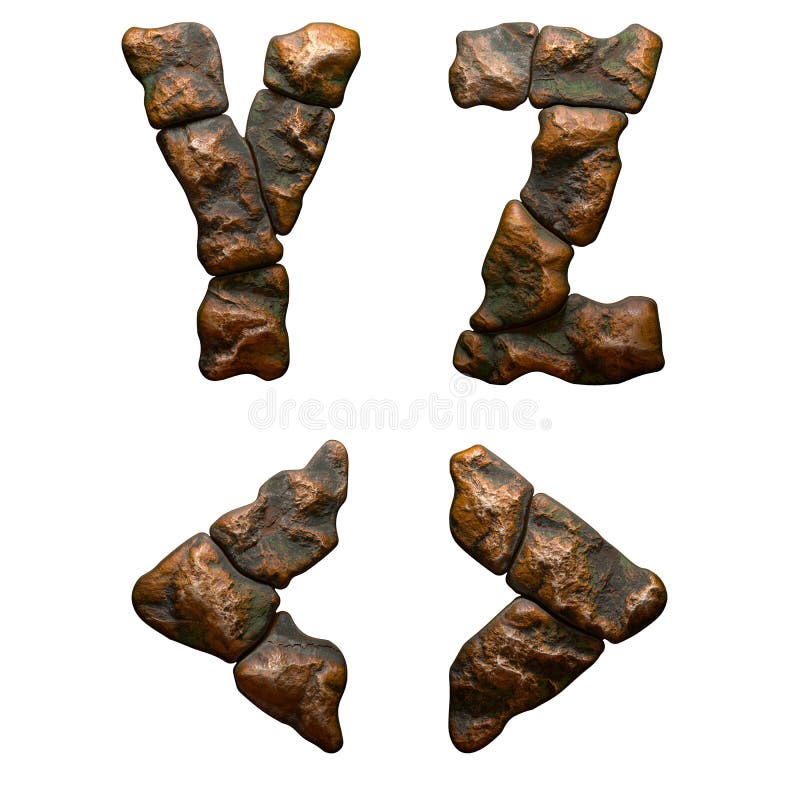 Set of rocky letters Y, Z and symbols left and right angle bracket. Font of stone on white background. 3d stock illustration
