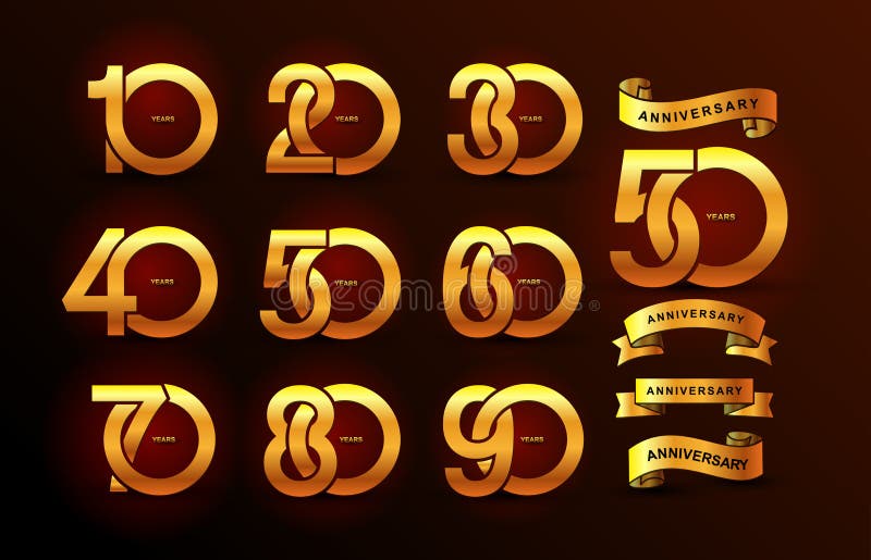 Set rocznicowa piktograma złota ikona Płaski projekt 10, 20, 30, 40, 50, 60, 70, 80, 90, rok urodzinowej logo etykietki, złoto zn ilustracja wektor