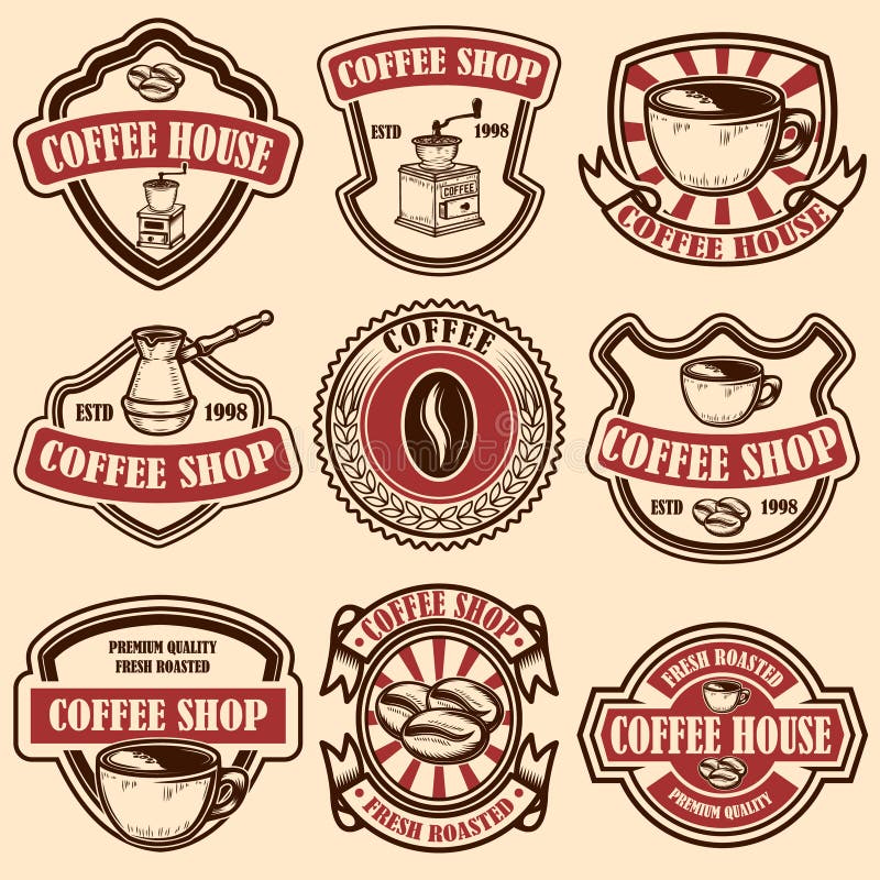 Set rocznika sklepu z kawą emblematy Projektuje elementy dla loga, przylepia etykietkę, podpisuje, odznaka ilustracji Set rocznika sklepu z kawą emblematy Projektuje elementy dla loga, przylepia etykietkę, podpisuje, odznaka ilustracji