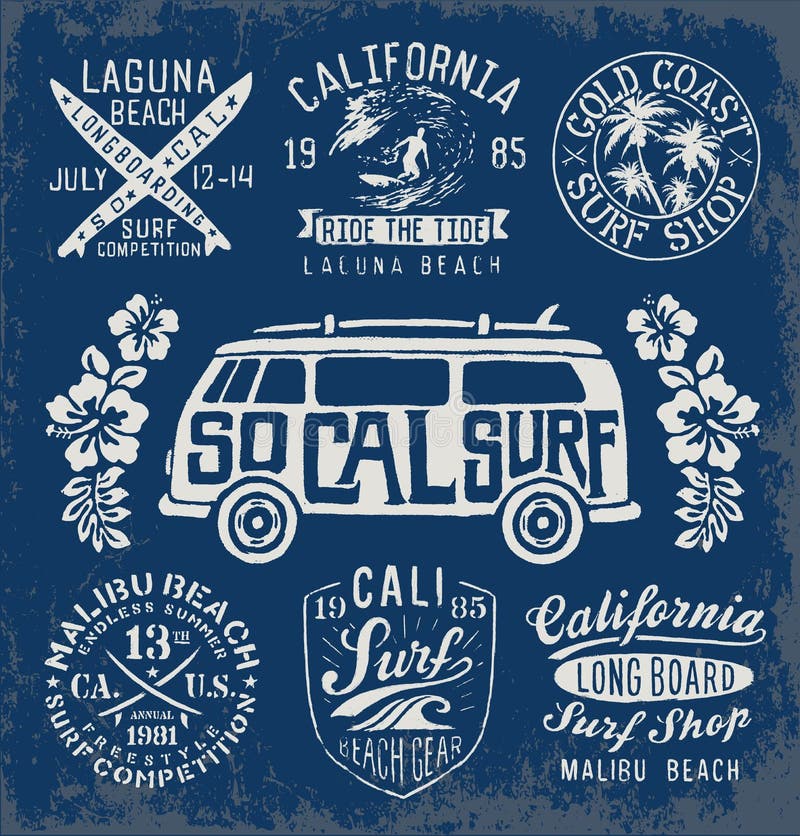 Set rocznika surfingu emblematy i grafika ilustracji Set rocznika surfingu emblematy i grafika ilustracji