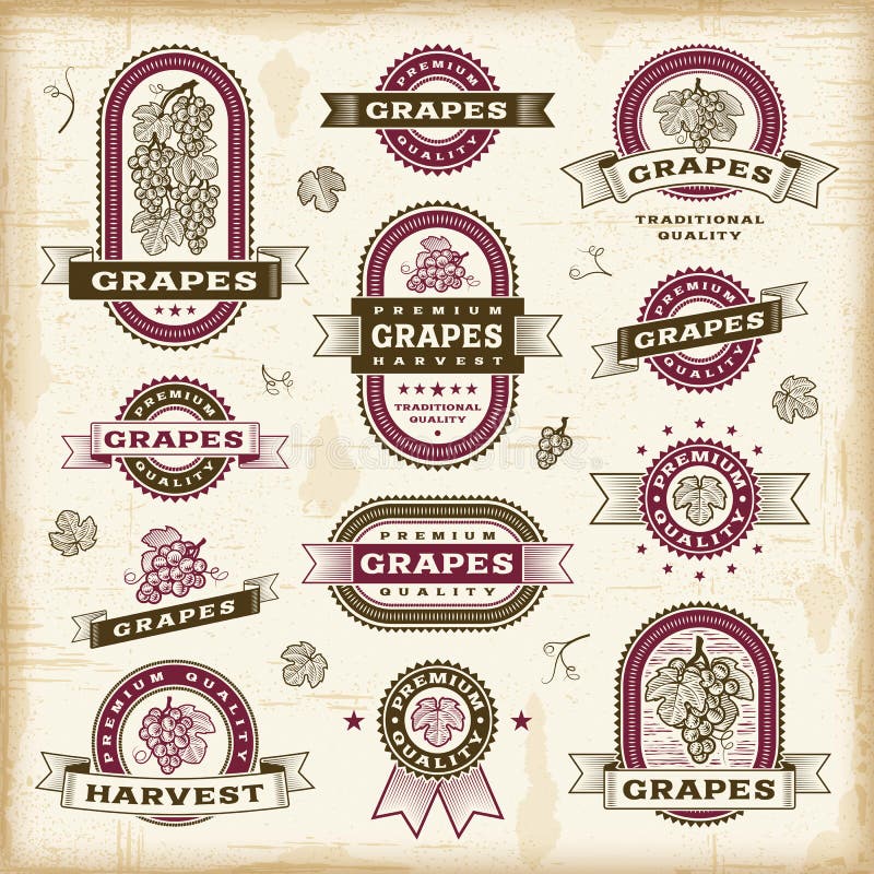 A set of vintage grapes labels and badges in woodcut style. Fully editable EPS10 vector illustration. A set of vintage grapes labels and badges in woodcut style. Fully editable EPS10 vector illustration.