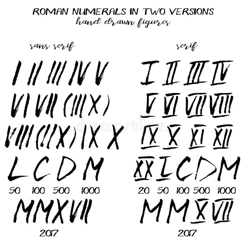 Set of roman numerals in hand drawn technique and grunge style isolated on white. Serif and sans serif variants. Vector illustration. Set of roman numerals in hand drawn technique and grunge style isolated on white. Serif and sans serif variants. Vector illustration