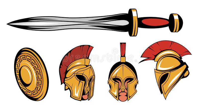 Set of roman or spartan warrior head, spartan helmet for head with roman armor and sword, spartan warrior colored drawing