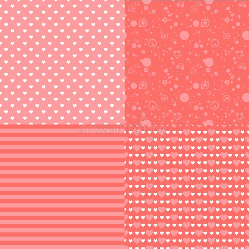 Set of romantic seamless patterns with hearts (tiling). Pink color. Vector illustration. Background. Heart shape.