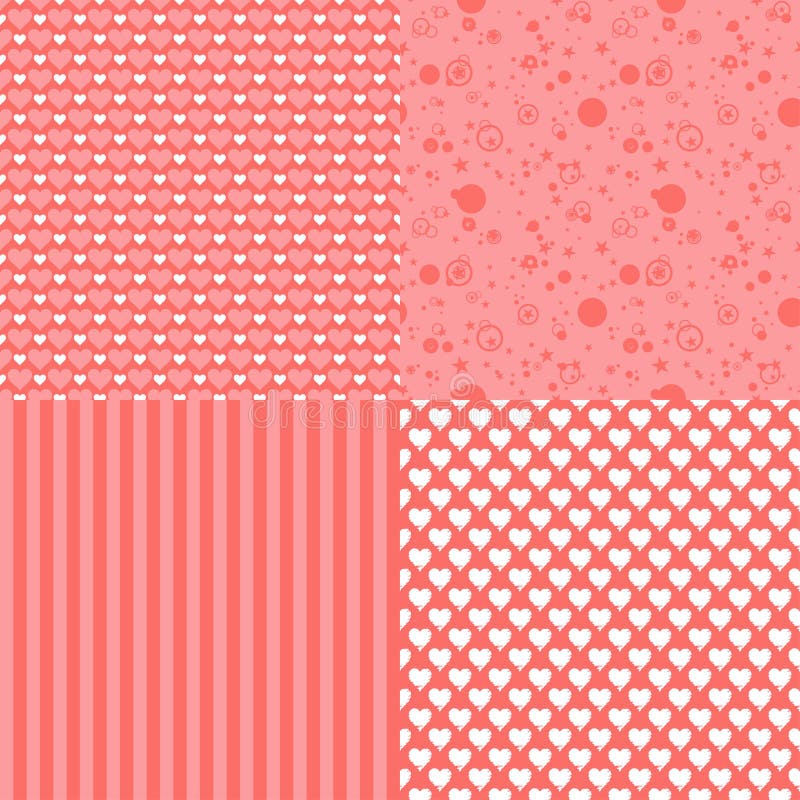 Set of romantic seamless patterns with hearts (tiling). Pink color. Vector illustration. Background. Heart shape.