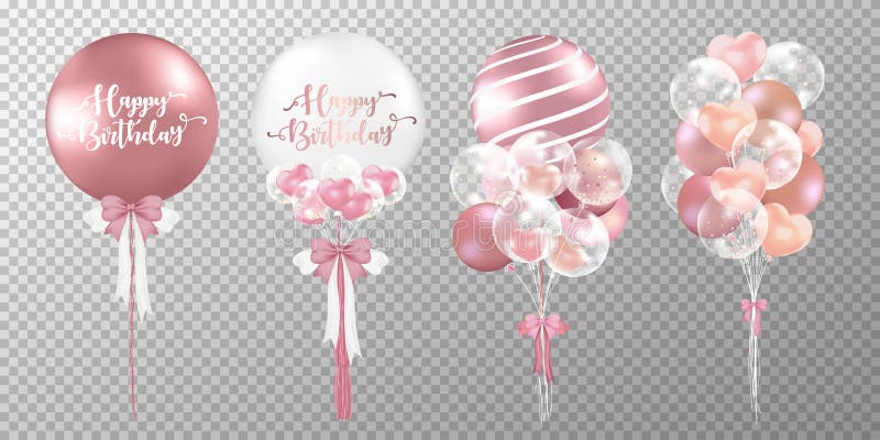 Set of rose gold balloons on transparent background stock illustration