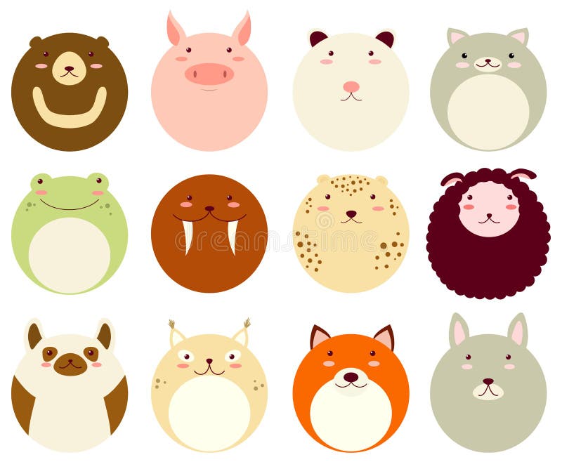 Set of Round Avatars Icons with Faces of Cute Animals Stock Vector -  Illustration of decoration, child: 107730589