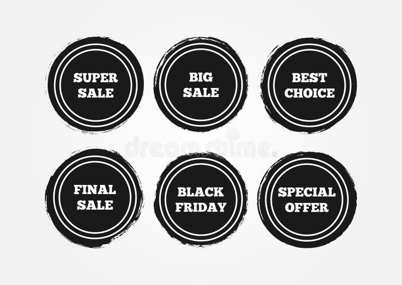 Set Of Vector Black Round Grunge Stickers With Uneven Rough Edges
