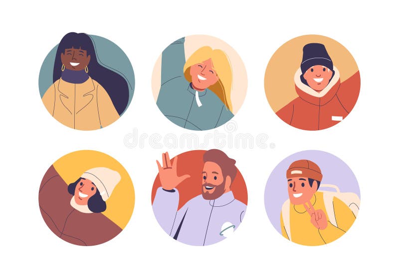 Set of Round Icons or Avatars of Diverse Group Of Happy Cartoon Friends In Colorful Attire Celebrating Cheerfully vector illustration