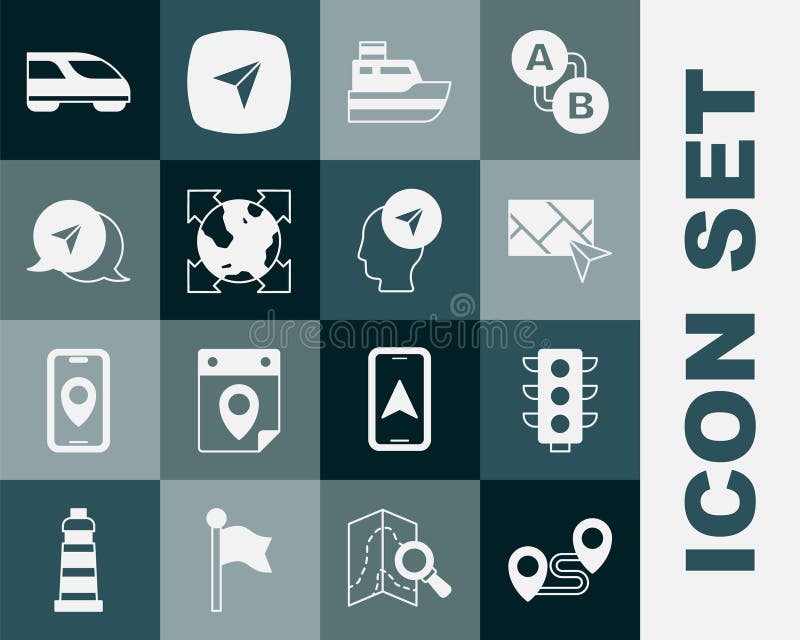 Set Route location, Traffic light, City map navigation, Ship line path, World globe with compass, Infographic of city stock illustration