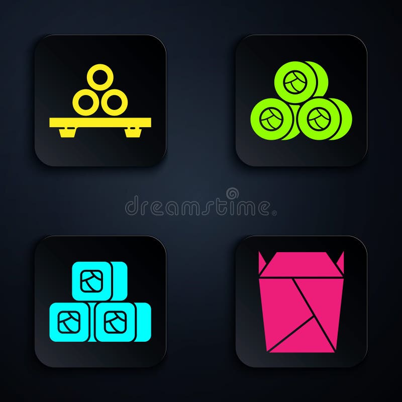 Set Rstaurant opened take out box filled, Sushi on cutting board, Sushi and Sushi. Black square button. Vector royalty free illustration