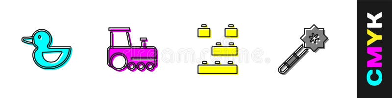 Set Rubber duck, Toy train, building block bricks and Magic wand icon. Vector stock illustration