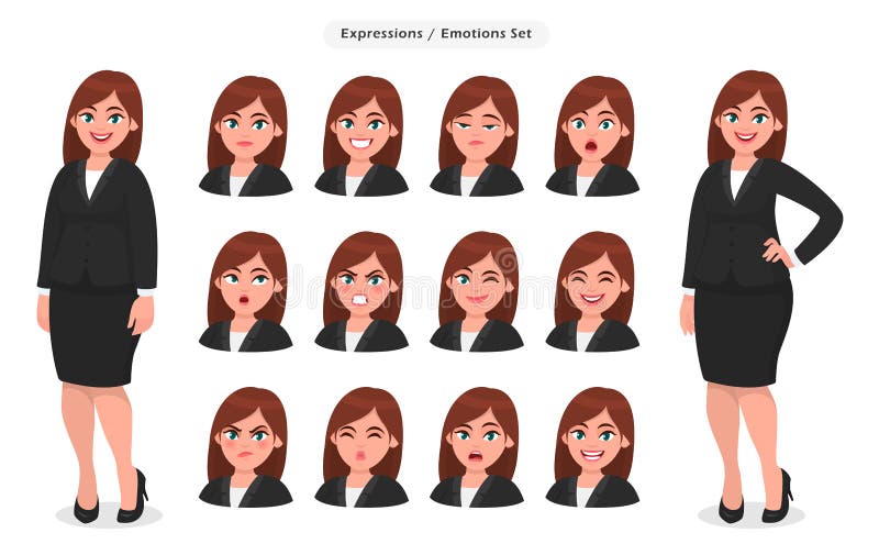 Set różni twarzy wyrażenia, emocje dla żeńskiej postaci z kreskówki/ Piękny kobiety emoji, avatar z różnorodny twarzowym/