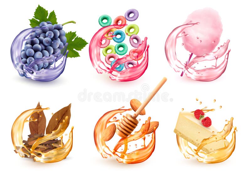 Set różni produktów smaki w soku pluśnięciu Winogrona, doprawiający zboże, bawełniany cukierek, miód i migdał, royalty ilustracja Set różni produktów smaki w soku pluśnięciu Winogrona, doprawiający zboże, bawełniany cukierek, miód i migdał, royalty ilustracja