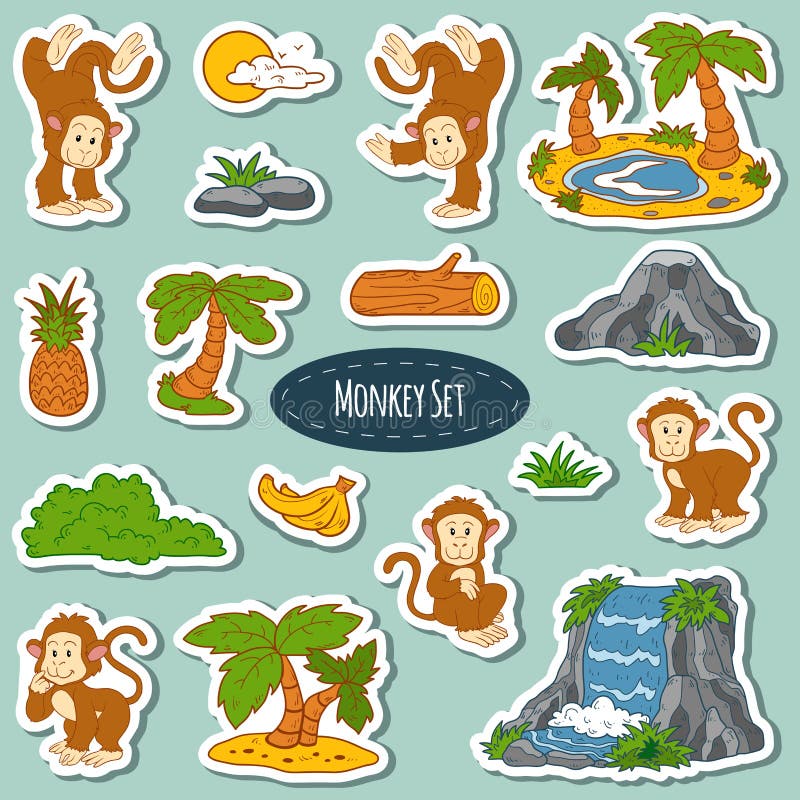 Set różnorodna śliczna małpa, wektorowi majchery zwierzęta ilustracji