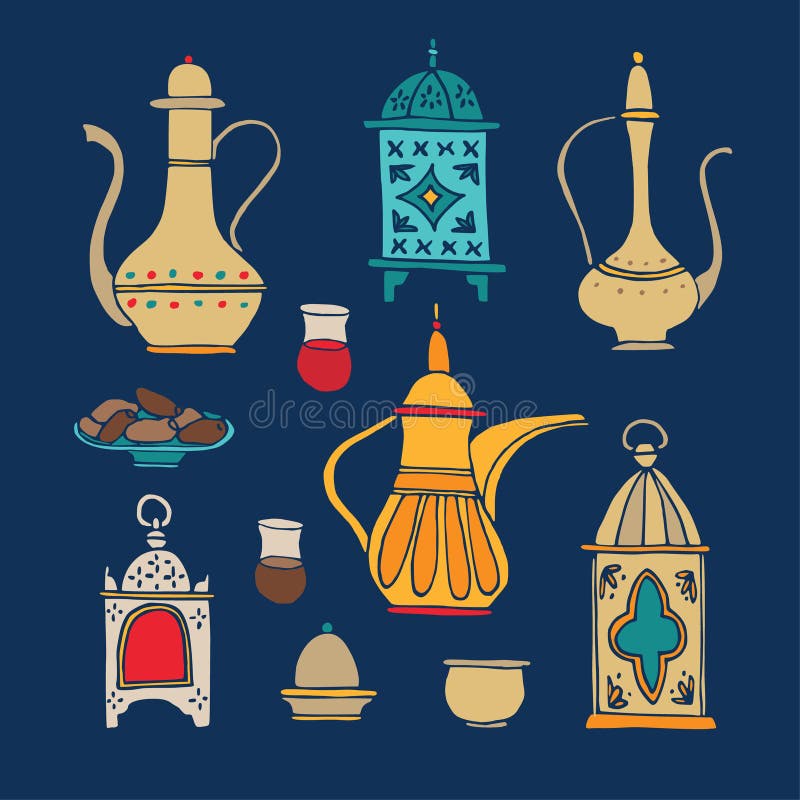 Set ręki rysować iftar obiadowe ikony Arabski teapot, filiżanka kawy, talerz z daktylową owoc i ornamentacyjni lampiony dla