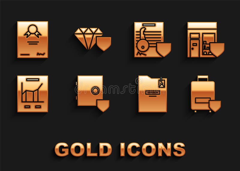 Set Safe with shield, Shopping building, Traveling baggage insurance, Personal folder, Document graph chart, key stock illustration