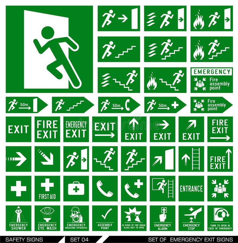 Set of safety signs. Exit signs. stock illustration