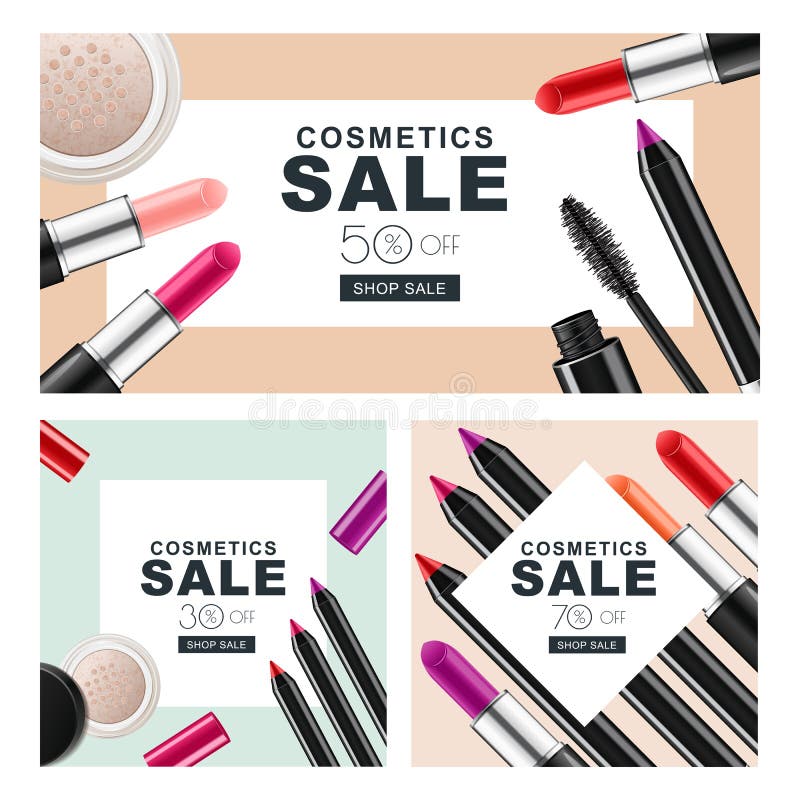 Set of sale banners with makeup cosmetics. Red lipstick, mascara, powder and cosmetic pencils. vector illustration Set of sale banners with makeup cosmetics. Red lipstick, mascara, powder and cosmetic pencils. vector illustration
