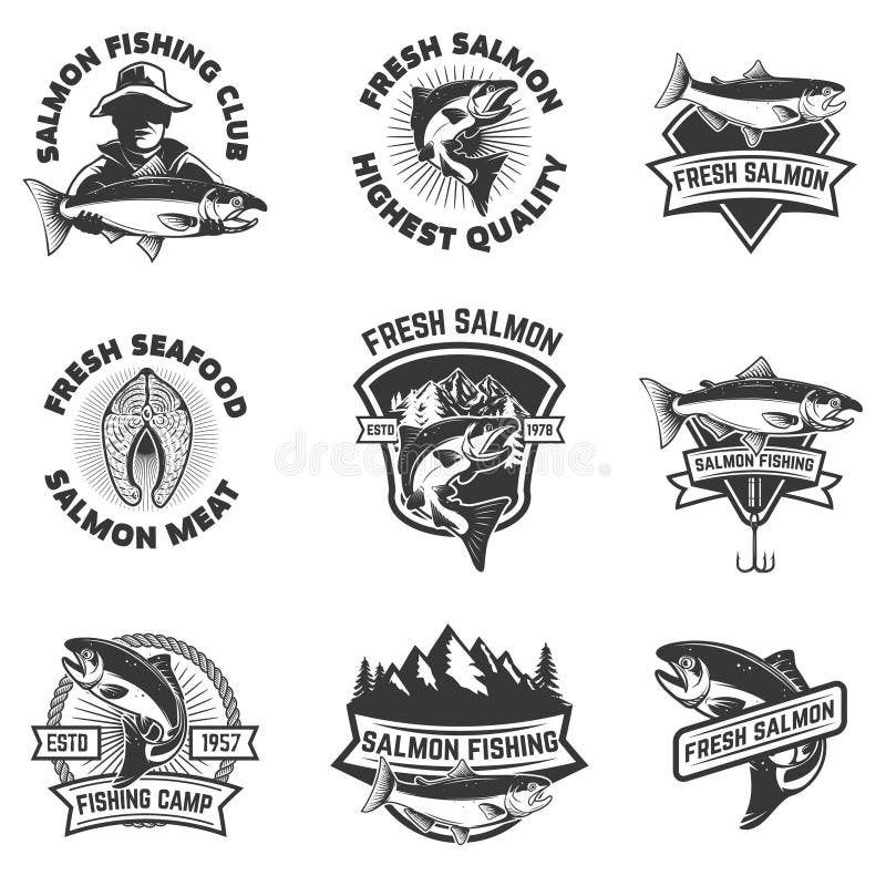 Set of salmon fishing emblems. Seafood. Design elements for logo vector illustration Set of salmon fishing emblems. Seafood. Design elements for logo vector illustration