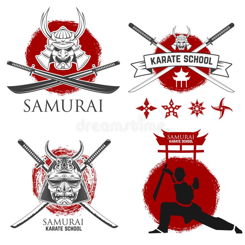 Set of samurai karate school labels. Ninja shurikens. stock illustration Set of samurai karate school labels. Ninja shurikens. stock illustration