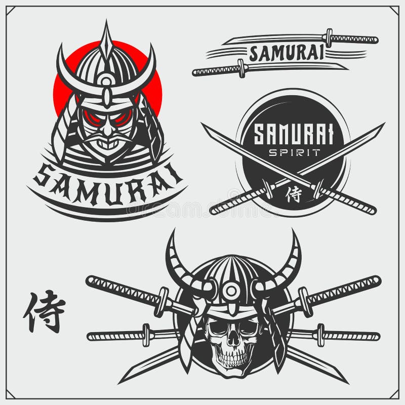 Set of samurai warrior masks, armor and weapon. Japanese warrior emblems, labels, badges and design elements. royalty free illustration Set of samurai warrior masks, armor and weapon. Japanese warrior emblems, labels, badges and design elements. royalty free illustration
