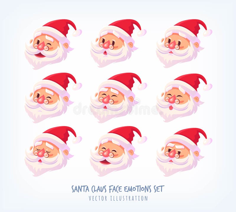 Set of Santa Claus face emotions icons Cute cartoon faces collection Merry Christmas vector illustration.