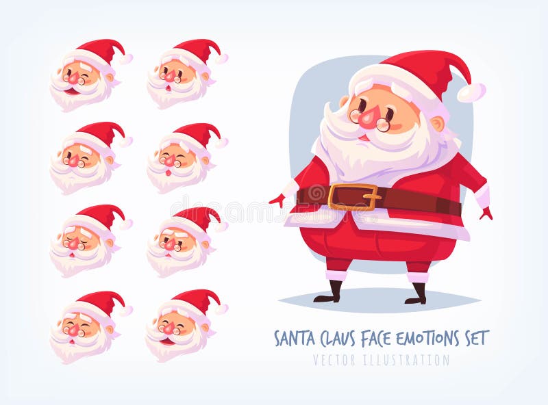 Set of Santa Claus face emotions icons Cute cartoon faces collection Merry Christmas vector illustration.