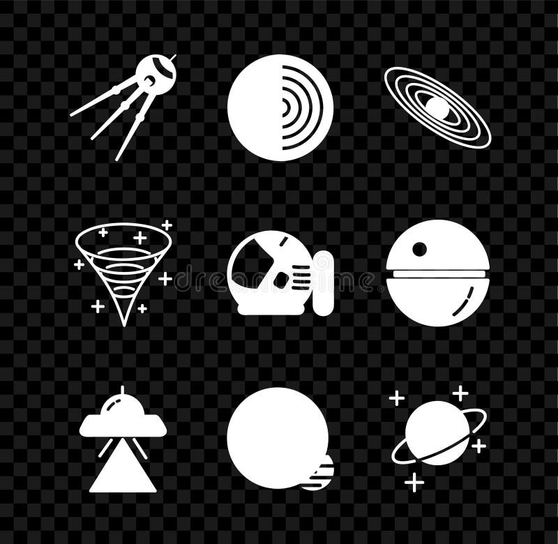 Set Satellite, Earth structure, Planet, UFO flying spaceship, Black hole and Astronaut helmet icon. Vector royalty free illustration