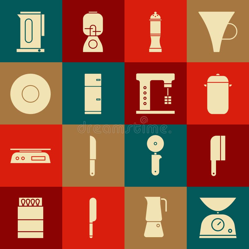 Set Scales, Meat chopper, Cooking pot, Pepper, Refrigerator, Plate, Kettle with handle and Electric mixer icon. Vector stock illustration