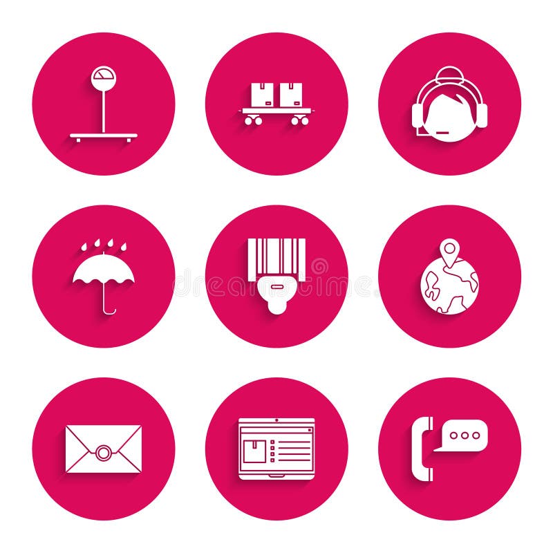 Set Scanner scanning bar code, Laptop with app delivery tracking, Telephone speech bubble chat, Worldwide, Envelope royalty free illustration