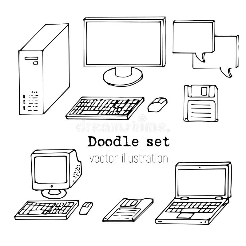 Set van geschetste computers. Gekrabbelde pc, laptop, floppy disk. Retro computer icoon in handgetekende stijl. Simpele potloodcar vector illustratie