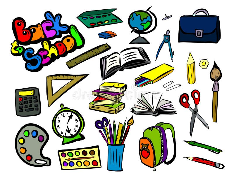 Back To School . Chalk Drawing on a School Board. Set of School Items